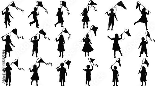 Children, Kids, Silhouette, Butterfly, Net, Play, Childhood, Joy, Fun, Outdoor, Nature, Summer, Activity, Happy, Black, Vector, Illustration, Collection, Motion, Innocence