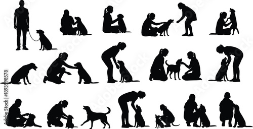 Dog, Owner, People, Silhouette, Pets, Training, Care, Walking, Sitting, Playing, Adoption, Relationship, Love, Human, Animal, Companion, Lifestyle, Interaction, Set, Isolated