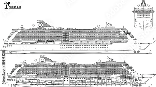 Cruise ship technical drawing blueprint, luxury passenger vessel exterior views, detailed marine engineering vector illustration