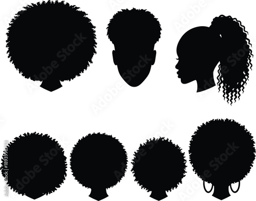 Set of black silhouettes depicting men and women with afro hairstyles and natural curly hair textures for beauty salon logos and fashion vector design.