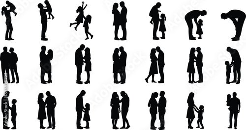 Family, Couple, Love, Parenting, Relationship, Silhouette, People, Together, Romance, Fatherhood, Motherhood, Child, Parents, Bonding, Hug, Care, Black, Isolated, Vector, Collection