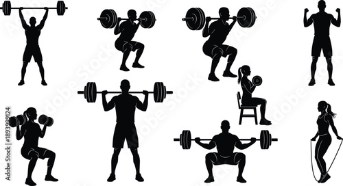 Fitness, Workout, Gym, Exercise, Training, Strength, Weightlifting, Barbell, Dumbbell, Athlete, Sport, Bodybuilding, Silhouette, People, Muscular, Power, Healthy, Lifestyle, Vector, Illustration