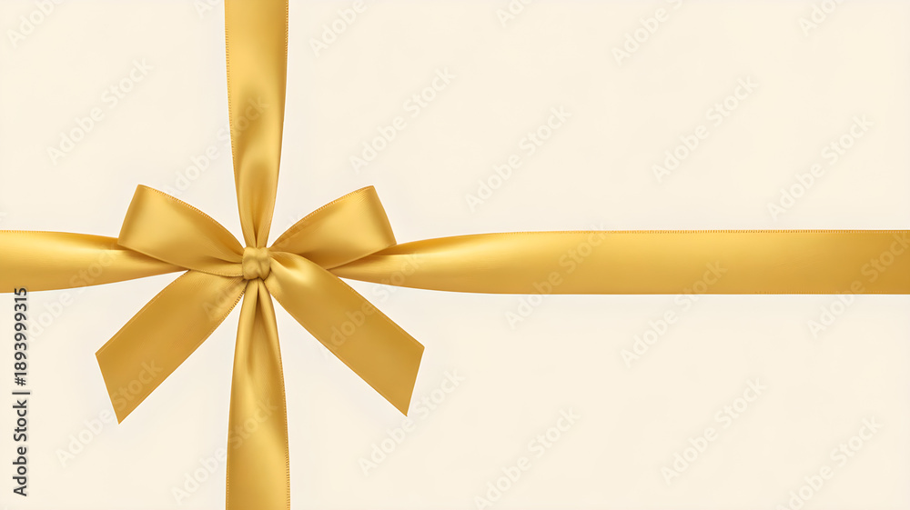 Fototapeta premium A close up view showcases a golden ribbon elegantly tied into a bow presented against a soft neutral beige background.