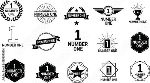 Number one badge set, black and white icons, top ranking emblems, trophy symbols, laurel wreaths, award ribbons, graphic design elements