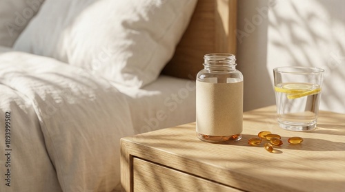 Glass jar with vitamin capsules and a glass of water with lemon on a wooden nightstand in the bedroom, morning sunlight and shadows from plants