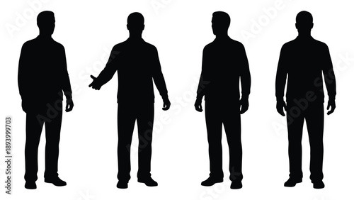 Four silhouetted men in suits depicting different poses and body types