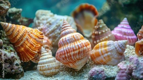 Colorful sea shells and coral reef in aquarium