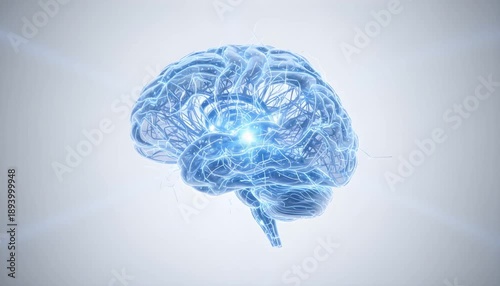 Glowing Blue Brain Rotating Neural Network, Animated d Scan With Pulsing Synapse Signals And Electric