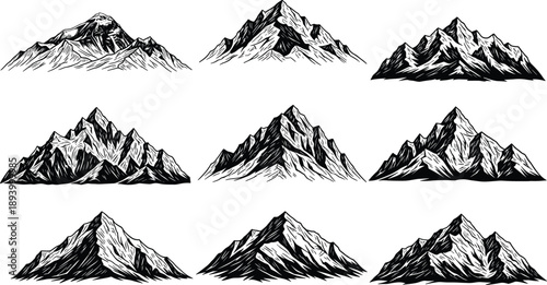 Mountain, Mountains, Peaks, Range, Silhouette, Landscape, Nature, Alpine, Ridge, Summit, Wilderness, Outdoor, Terrain, Rock, Cliff, Hiking, Adventure, Scenic, Illustration, Vector