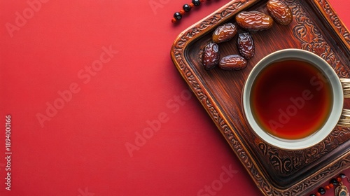 Cup of tea with dates on ornate wooden tray against red background