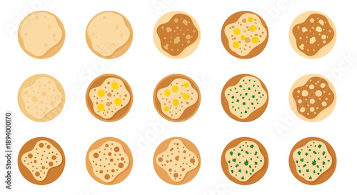 Set of Indian Naan Bread Icons, Flat Vector Illustration of Traditional Flatbread with Garlic, Butter, and Herbs, Isolated on White Background