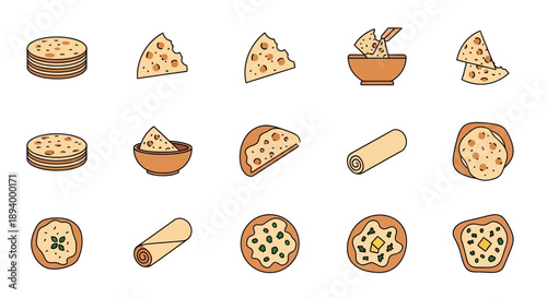 Indian Naan Bread and Roti Canai Icon Set for Food Menu Design