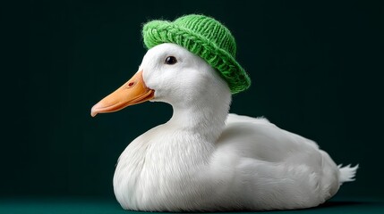 White duck with vibrant green knitted hat resting on a clean surface, showcasing ultra-photorealistic details and softbox studio lighting for premium product photography
