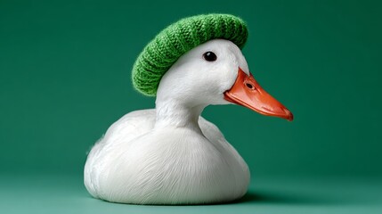 White duck with vibrant green knitted hat poses against a solid green background, showcasing ultra-photorealistic detail and sharp focus, ideal for commercial stock photography