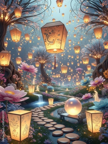 Magical Garden Scene With Glowing Lanterns And Flowers At Dusk