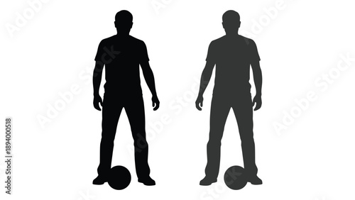 Two male silhouettes stand facing forward each with a ball at their feet