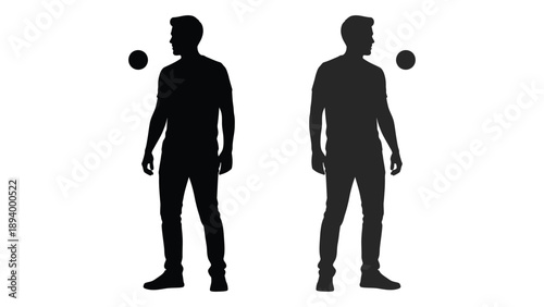 Two silhouetted figures stand facing opposite directions each with a small sphere