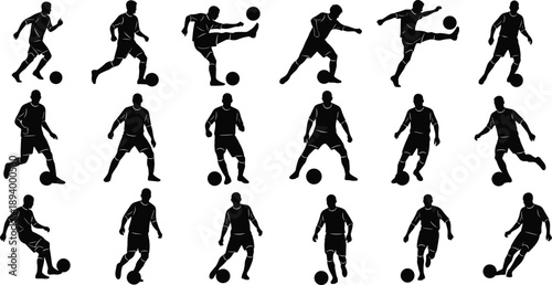 Soccer, Football, Player, Silhouette, Sport, Athlete, Action, Kick, Dribble, Ball, Training, Game, Match, Team, Black, Vector, Icon, Motion, Dynamic, Illustration