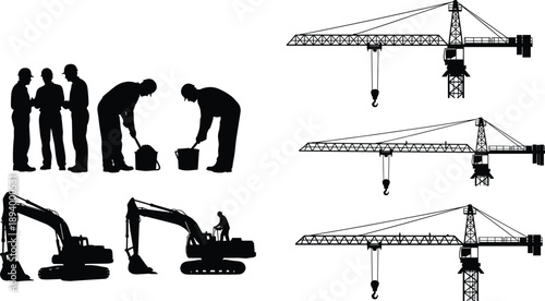 Optimized Adobe Stock Title Vector silhouette set featuring construction cranes, excavators, and workers for heavy industrial site operations and large scale building development projects.