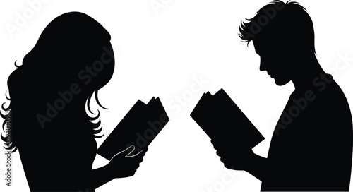 PrintSilhouette of a young man and woman reading books intently in profile view, concept of education, literature study, library research, and lifelong learning habits