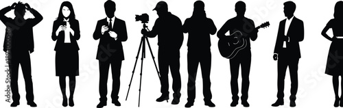 Set of diverse people silhouettes featuring a photographer, musician, business professionals, and casual individuals for creative lifestyle and corporate project designs.