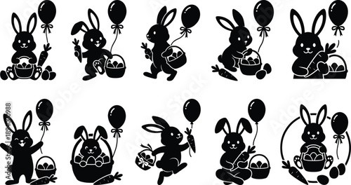 Easter sunday celebration with adorable easter bunny silhouettes on white background