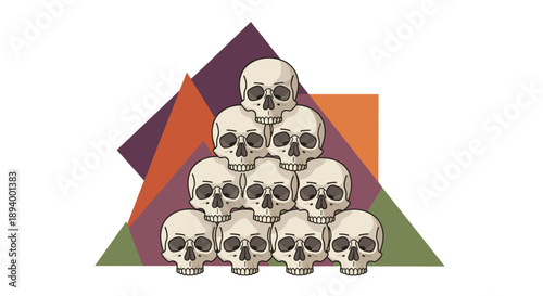 Pyramid stack of human skulls in various colors