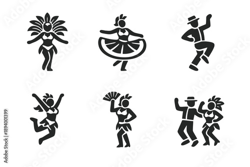 Carnival dancer icon set in monochrome vector style. Samba parade symbols designed for UI, posters, social media, and festive graphic projects.