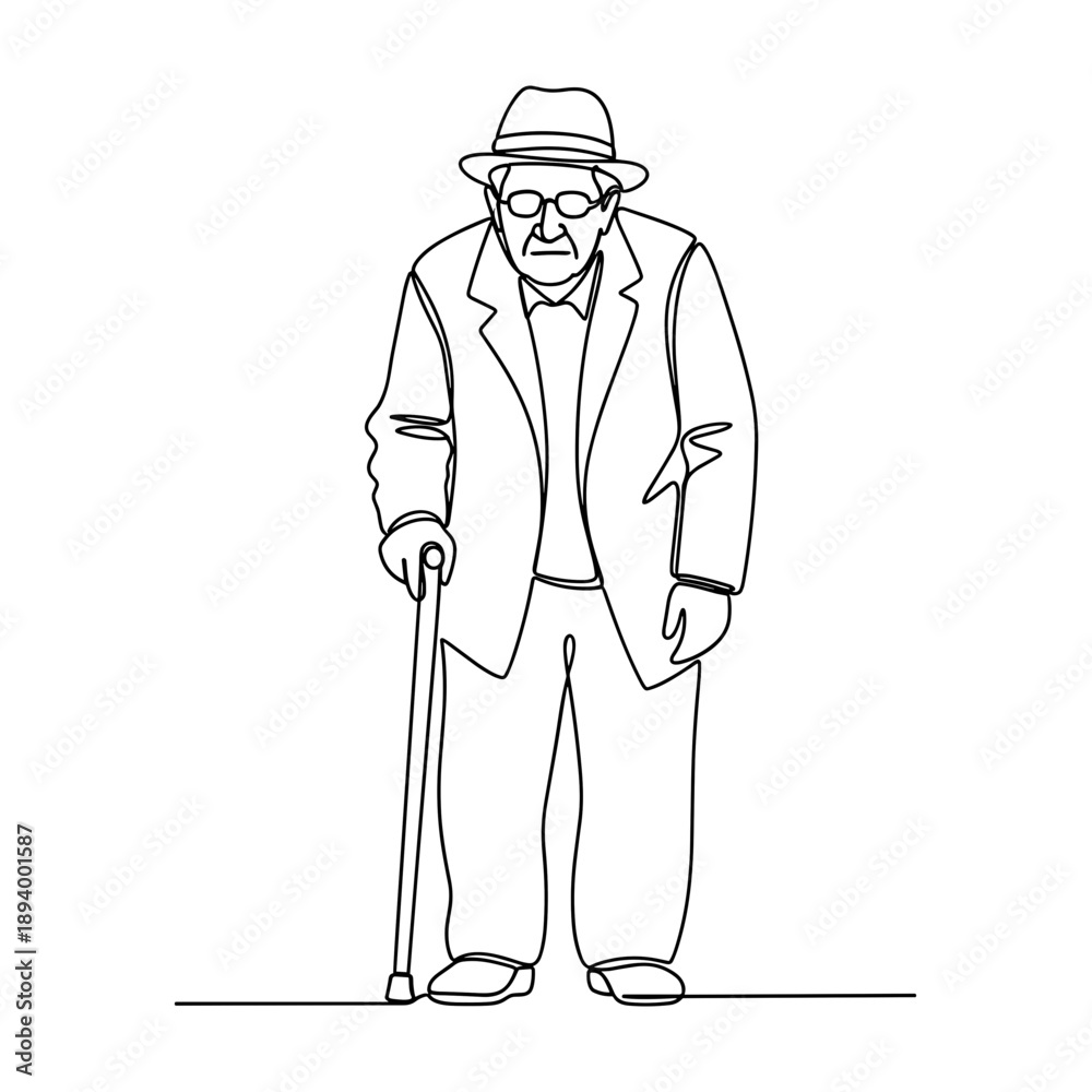 Obraz premium Elderly Man with Glasses and Walking Stick Line Drawing