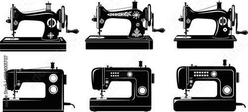 Collection of Vintage and Modern Sewing Machine Silhouettes with Hand Crank and Electric Motor for Tailoring, Dressmaking, and Craft Hobby Vector Illustration