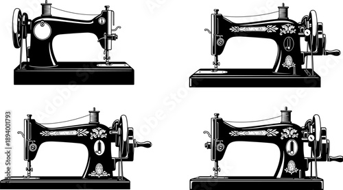 Collection of Vintage Antique Hand-Crank Sewing Machine Silhouettes with Decorative Engravings for Retro Tailoring, Dressmaking, and Craft Hobby Vector Illustration Isolated