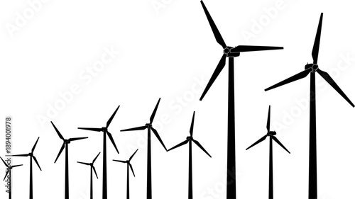 Collection of Wind Turbine Silhouettes Showing Different Sizes and Styles for Renewable Energy, Green Power Generation, Wind Farm, and Ecology Design Vector Illustration