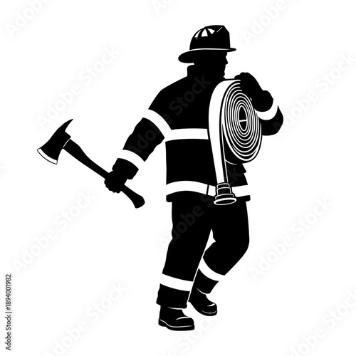 Firefighter silhouette carrying hose and axe in action