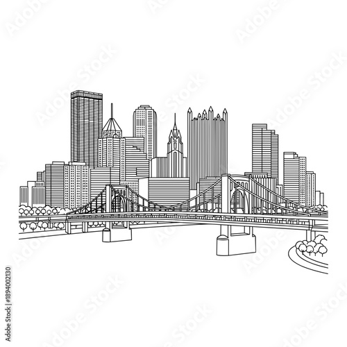 Detailed sketch of Pittsburgh skyline with bridges