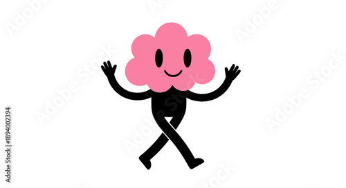 A cute pink cloud character with a smiling face walks cheerfully with its arms raised.