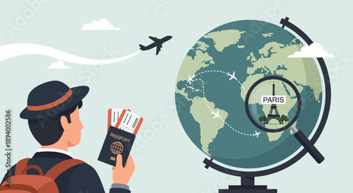 Man with passport and tickets looks at globe with magnifying glass focused on Paris.