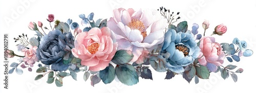 Watercolor arrangement of peonies and foliage in shades of pink, blue, and teal