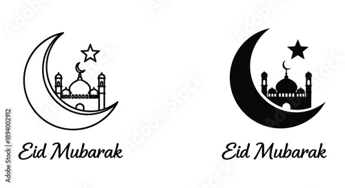 Eid Mubarak Crescent Moon and Star Islamic Greeting Card Design