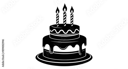 A festive two tiered birthday cake with three lit candles sits on a plate.