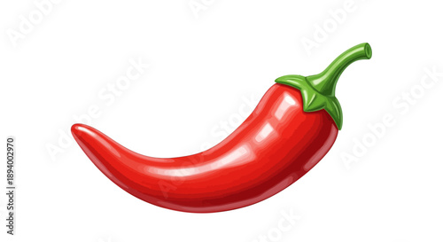 A vibrant red chili pepper with a green stem rests against a clean white backdrop.