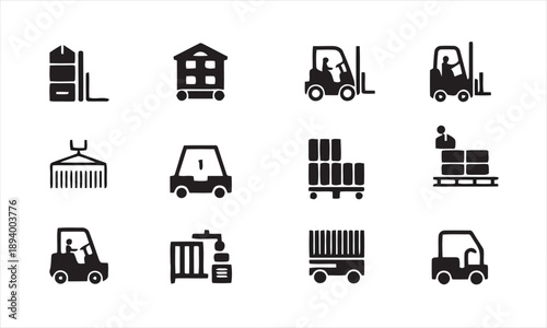 Set of monochrome icons for logistics and delivery services, including forklift, warehouse, containers, and truck, representing shipping and transportation industry business operations.