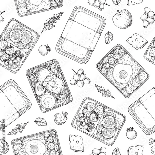 Lunch box seamless pattern. Hand drawn vector illustration. Meal box sketch. Top view. Menu design elements, packaging background template.