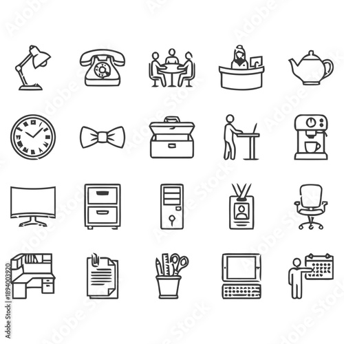 Office and business equipment icons set in outline style showing desk lamp telephone conference table reception desk teapot clock bow tie briefcase computer and coffee machine