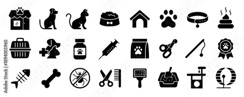 Pet care and animal icons including dog cat pet store carrier food bowl leash collar syringe medicine vaccine and grooming tools for veterinary services and pet owner needs vector illustration