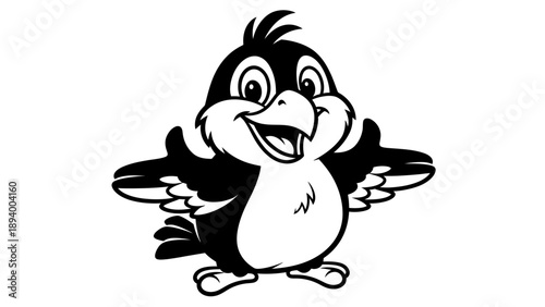 Cute cartoon bird with open arms and a welcoming expression on a white background