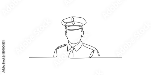 Continuous line art drawing of a police officer wearing a uniform and cap