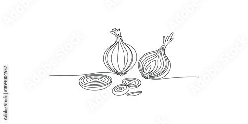 A continuous line art drawing of two onions and several slices on a white background