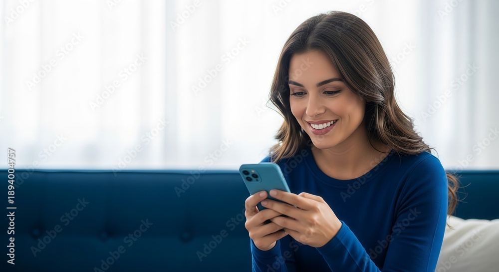 Fototapeta premium Woman sitting on couch smiling while using her smartphone