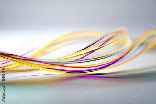 Wavy, colorful, blurred strands intertwine, soft focus, against a light gray background