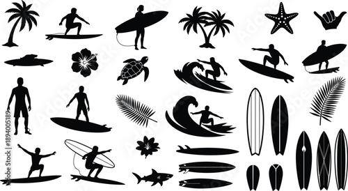 Surfing and tropical beach silhouette icon set with surfers palm trees waves boards ocean summer lifestyle elements